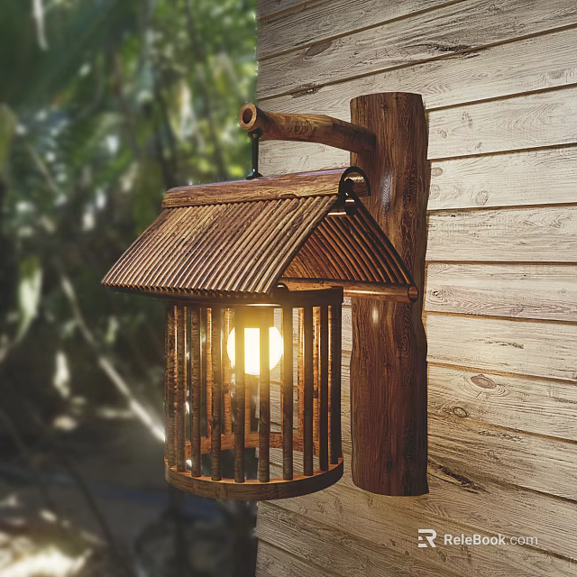 Wooden Wall Light With Bamboo Shade Warm Glow On Wooden Wall Outdoor Green Plants Background 3d model 