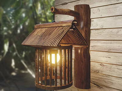 Wooden Wall Light With Bamboo Shade Warm Glow On Wooden Wall Outdoor Green Plants Background 3d model