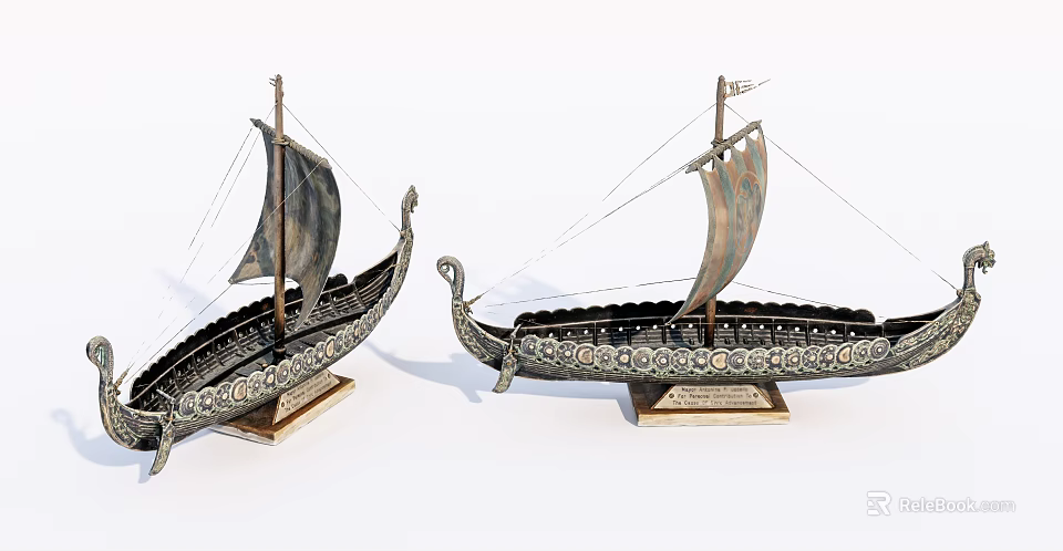 Decorative Ornament Set Ancient Style Sailboat Models with Carved Details and Base 3d model 