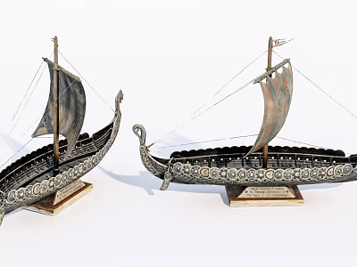 Decorative Ornament Set Ancient Style Sailboat Models with Carved Details and Base 3d model
