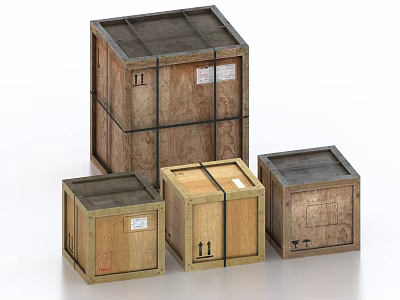 Wooden Crates In Various Sizes With Metal Straps And Shipping Labels For Storage Transport 3d model