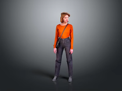 Stylish Woman Wearing Orange Top Gray Pants And Black Crossbody Bag Standing Against Gray Background 3d model