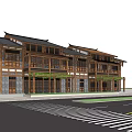 Traditional Office Building With Sloped Roof Wooden Facade Green Trees And Pedestrians