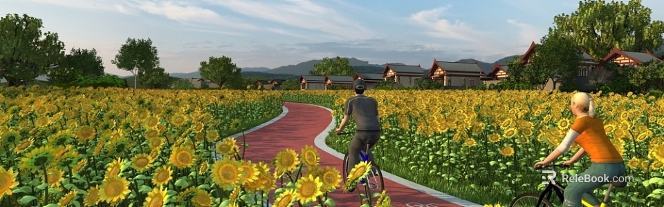Scenic Sunflower Field with Red Path Cyclist Traditional Houses Mountains and Blue Sky 3d model 
