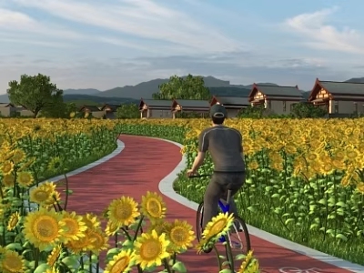 Scenic Sunflower Field with Red Path Cyclist Traditional Houses Mountains and Blue Sky 3d model