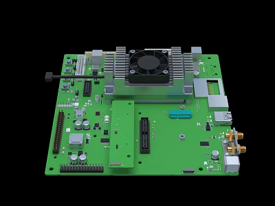 Detailed Green Circuit Board with Heat Sink and Electronic Components Layout 3d model
