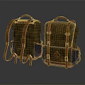 Two Brown Backpacks with Orange Straps and Blue Pockets Vintage Style for Outdoor Travel