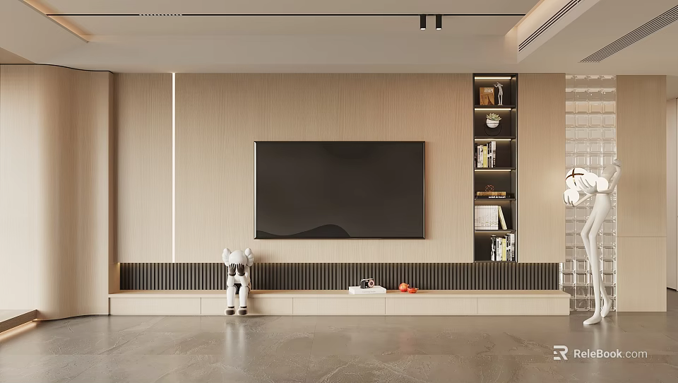 Modern Beige TV Wall Design With Large Screen TV Stand And Built in Bookshelf 3d model 