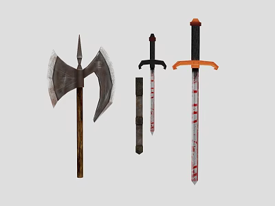 Medieval Battle Axe And Swords With Wooden Handles And Metal Blades 3d model