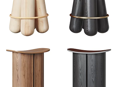 Modern Wooden Stools with Cylindrical Legs Golden Rings Light Dark Colored Curved Seats Design 3d model