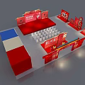 Red Themed Exhibition Booth Interior With Stage Seats And Display Counters 3d model