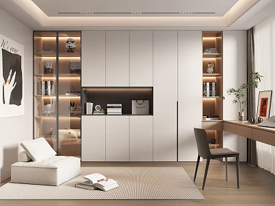 Modern Study Room Interior With Storage Cabinets Bookshelves And Cozy Chair 3d model