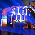 Futuristic Stage Setup With Neon Lights Colorful Stripes And Central Control Console