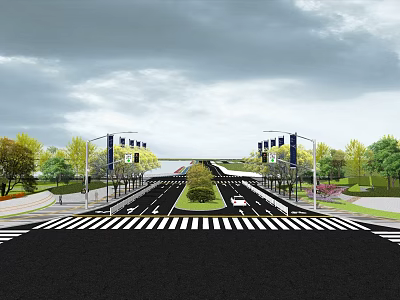 Municipal Road With Two Way Lanes Central Green Belt Street Lamps Zebra Crossings And Green Spaces 3d model