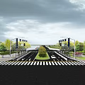 Municipal Road With Two Way Lanes Central Green Belt Street Lamps Zebra Crossings And Green Spaces