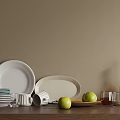 White Dinnerware Set With Plates Oval Platter Mugs Green Apples Wooden Tray And Glass Cups