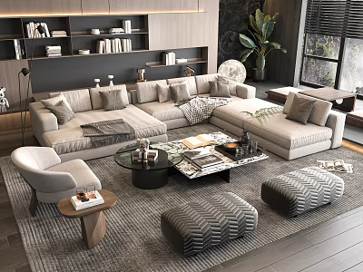Modern Sectional Sofa Coffee Table Set With Ottoman Rug And Potted Plant In Living Room 3d model
