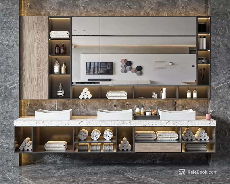 Modern Bathroom Vanity with Marble Countertop Double Sinks Mirror and Storage for Towels Toiletries 3d model 