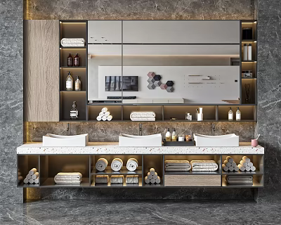 Modern Bathroom Vanity with Marble Countertop Double Sinks Mirror and Storage for Towels Toiletries 3d model