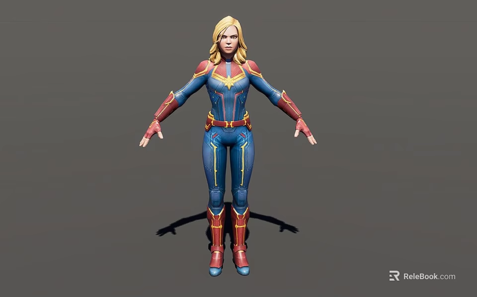 Woman In Superhero Uniform With Blue Red And Gold Accents Standing With Arms Outstretched 3d model 