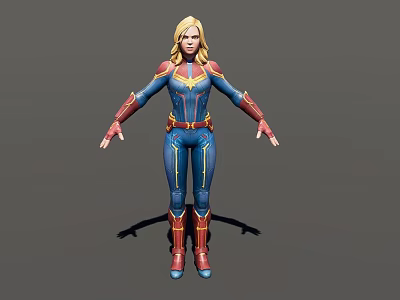 Woman In Superhero Uniform With Blue Red And Gold Accents Standing With Arms Outstretched 3d model