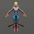 Woman In Superhero Uniform With Blue Red And Gold Accents Standing With Arms Outstretched