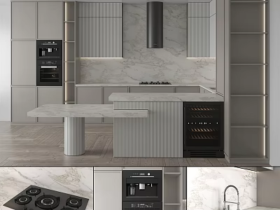Modern Kitchen Interior Design With Marble Island Countertop Cabinets And Wine Storage Appliances 3d model