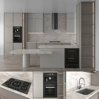 Modern Kitchen Interior Design With Marble Island Countertop Cabinets And Wine Storage Appliances 3d model