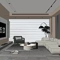 Modern Living Room Interior With Light Sofa Accent Chair Round Coffee Table Floor Lamp And Green Plant