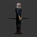 White Haired Warrior Character Front and Back View With Blue Shirt Dark Pants Holding Sword
