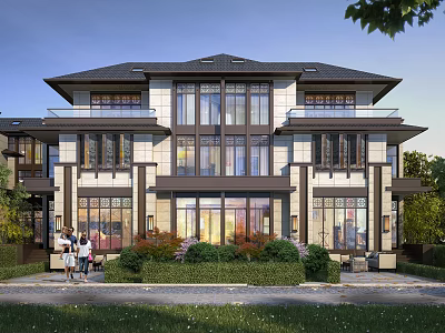 Traditional Chinese Single Family Villa Exterior With Large Windows And Landscaping 3d model