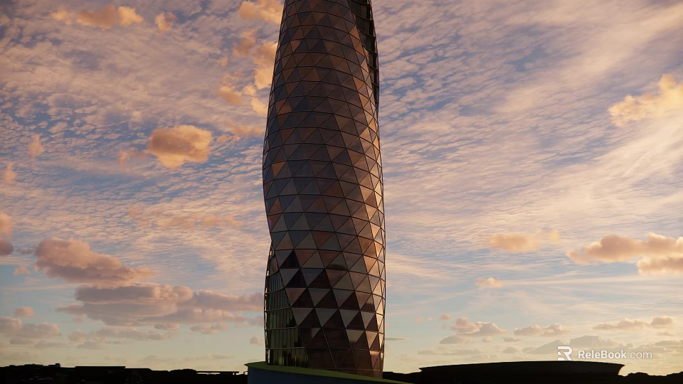 Modern Commercial Complex With Spiral Design And Diamond Shaped Glass Facade Against Sunset Sky 3d model 