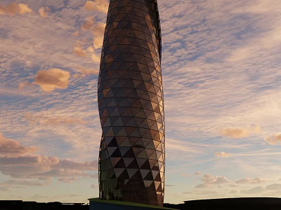 Modern Commercial Complex With Spiral Design And Diamond Shaped Glass Facade Against Sunset Sky 3d model