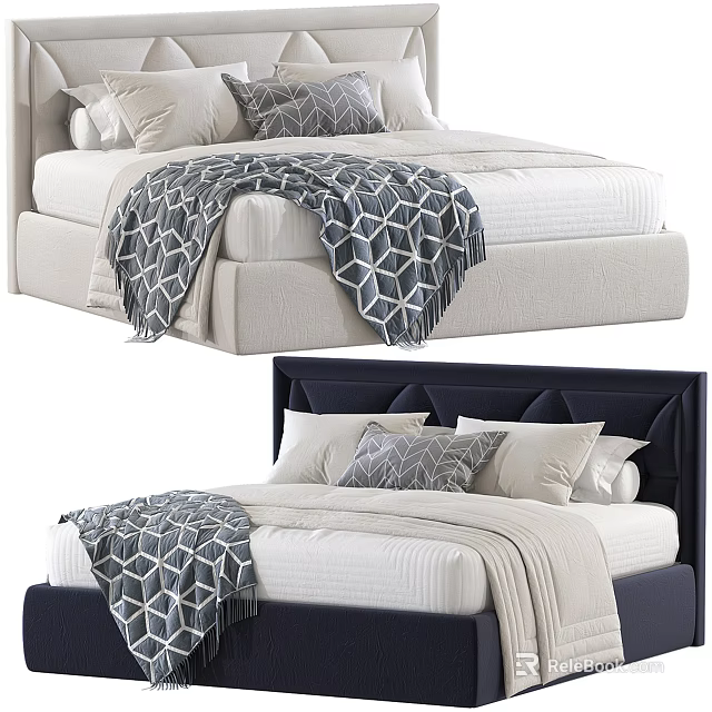 Modern Double Bed with Upholstered Headboard Beige Navy Blue Geometric Blanket and Decorative Pillows 3d model 