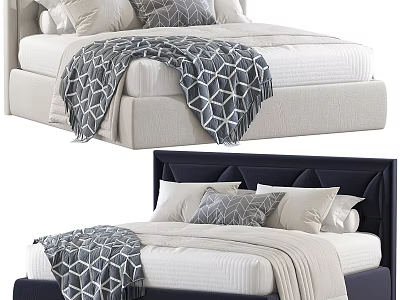 Modern Double Bed with Upholstered Headboard Beige Navy Blue Geometric Blanket and Decorative Pillows 3d model