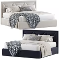 Modern Double Bed with Upholstered Headboard Beige Navy Blue Geometric Blanket and Decorative Pillows