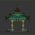 Traditional Style Pavilion With Green Roof Golden Decorations Yellow Pillars And Intricate Carvings