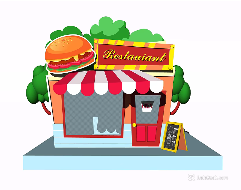 Restaurant Exterior With Red And White Striped Awning Red Door Menu Board And Green Trees 3d model 