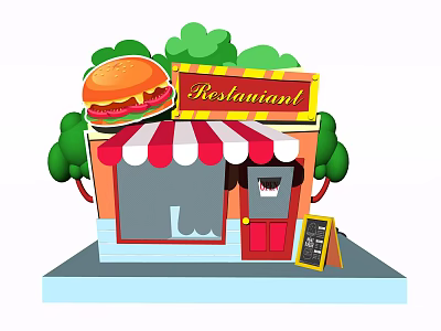 Restaurant Exterior With Red And White Striped Awning Red Door Menu Board And Green Trees 3d model