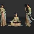 Three Women In Traditional Chinese Clothing Playing Guzheng And Standing In Ancient Style