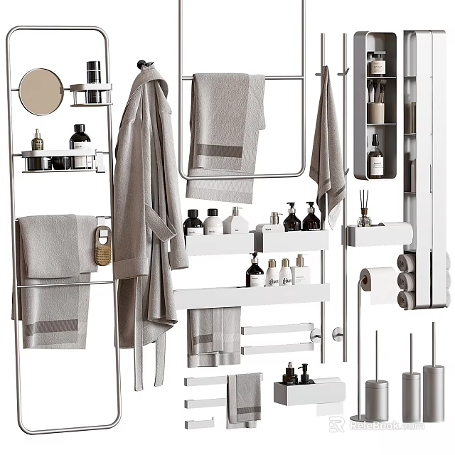 Organized Bathroom Daily Essentials With Towels Shelves Hooks And Storage Solutions 3d model 