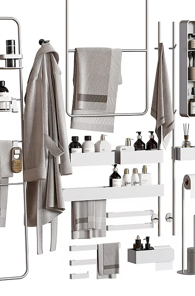 Organized Bathroom Daily Essentials With Towels Shelves Hooks And Storage Solutions 3d model