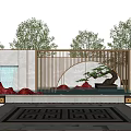 Chinese Style Garden Wall With Rockery Water Feature Circular Archway And Green Plants