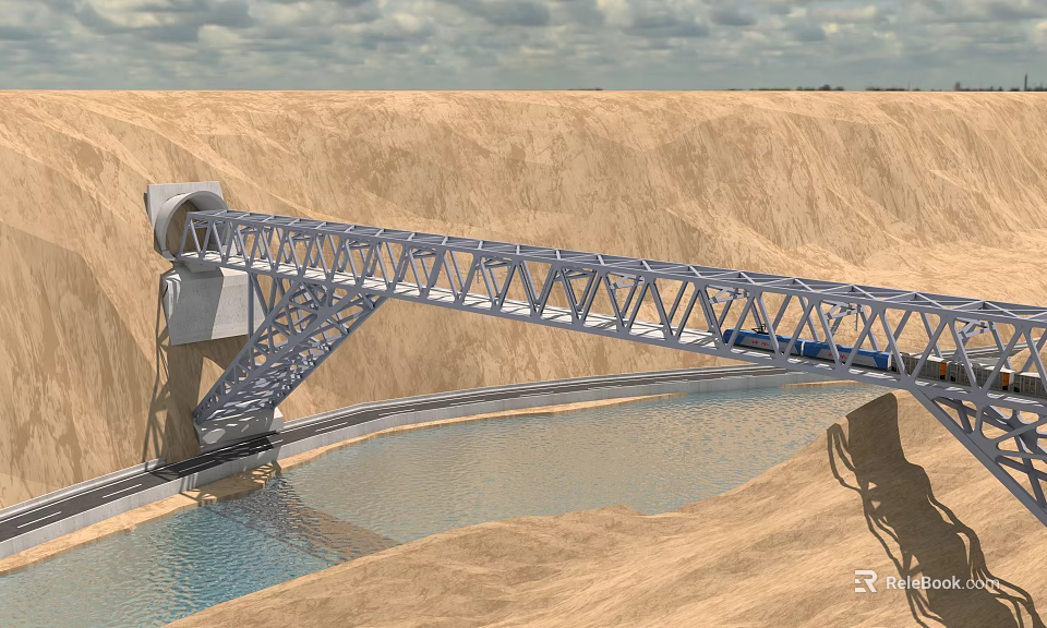Steel Truss Bridge Spanning River In Sandy Hills With Support Structure 3d model