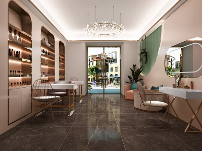 Modern Elegant Beauty Salon Interior With Open Space Marble Floor Mirrors And Plants 3d model