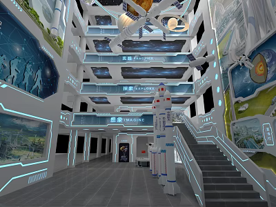 Tech Inspired Aerospace Exhibition Hall With Multi Level Design Rocket Models And Interactive Displays 3d model