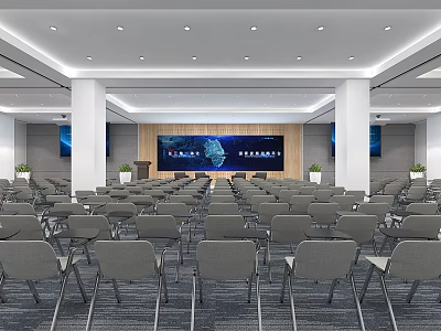Modern Spacious Conference Room With Arranged Chairs Large Screen Decorative Paintings And Recessed Lighting 3d model