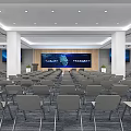 Modern Spacious Conference Room With Arranged Chairs Large Screen Decorative Paintings And Recessed Lighting