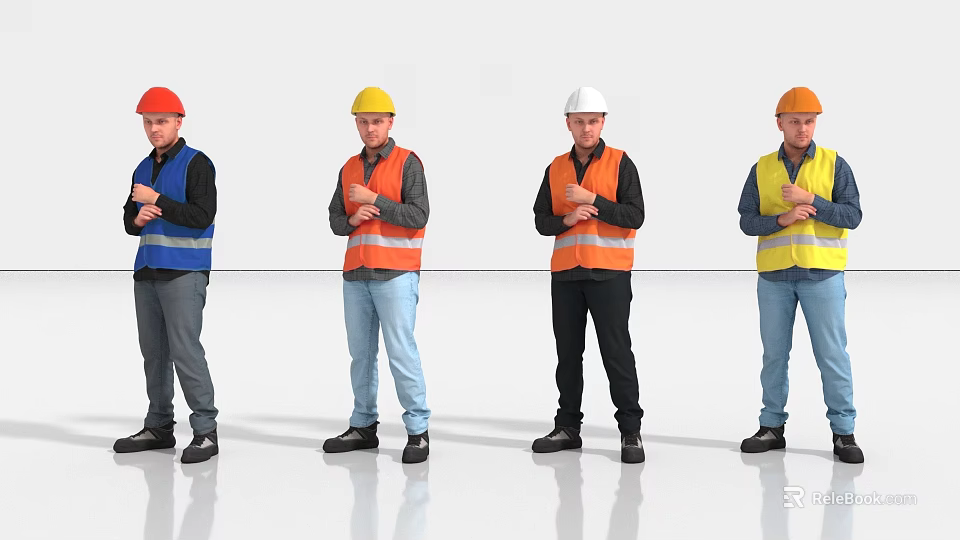 Men Wearing Colored Safety Helmets And Reflective Vests Standing Together 3d model