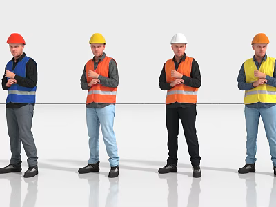 Men Wearing Colored Safety Helmets And Reflective Vests Standing Together 3d model